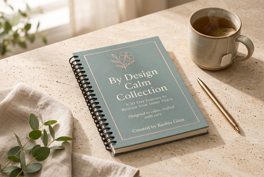 Sage-green By Design Calm Collection journal beside a ceramic mug and gold pen on a neutral tabletop.