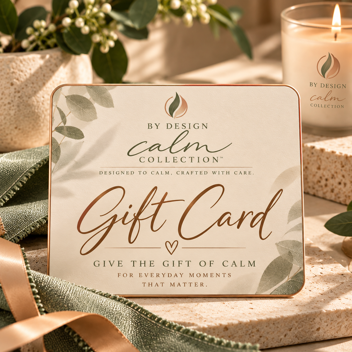 By Design Calm Collection digital gift card featuring the brand logo and “Give the Gift of Calm” message, styled with a lit candle and sage green accents.