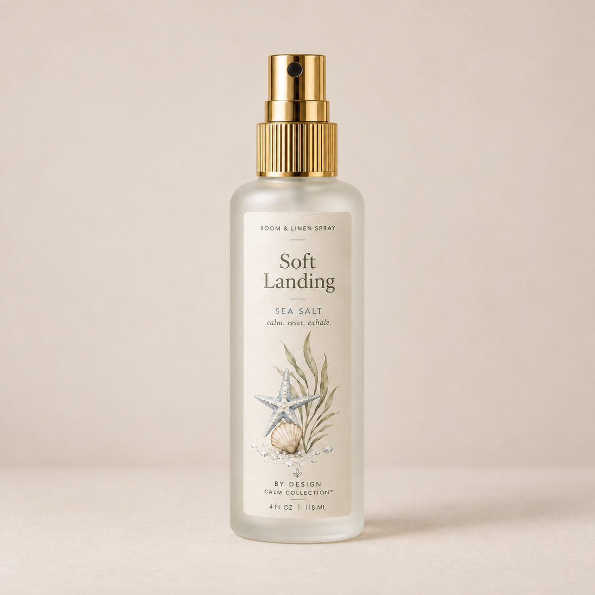 By Design Calm Collection Sea Salt Room & Linen Spray in 4 oz frosted glass bottle