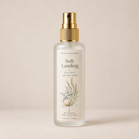 By Design Calm Collection Sea Salt Room & Linen Spray in 4 oz frosted glass bottle