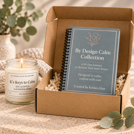 By Design Calm Collection gift box featuring a 9 oz soy candle and spiral-bound Calm Journal, arranged in kraft packaging.