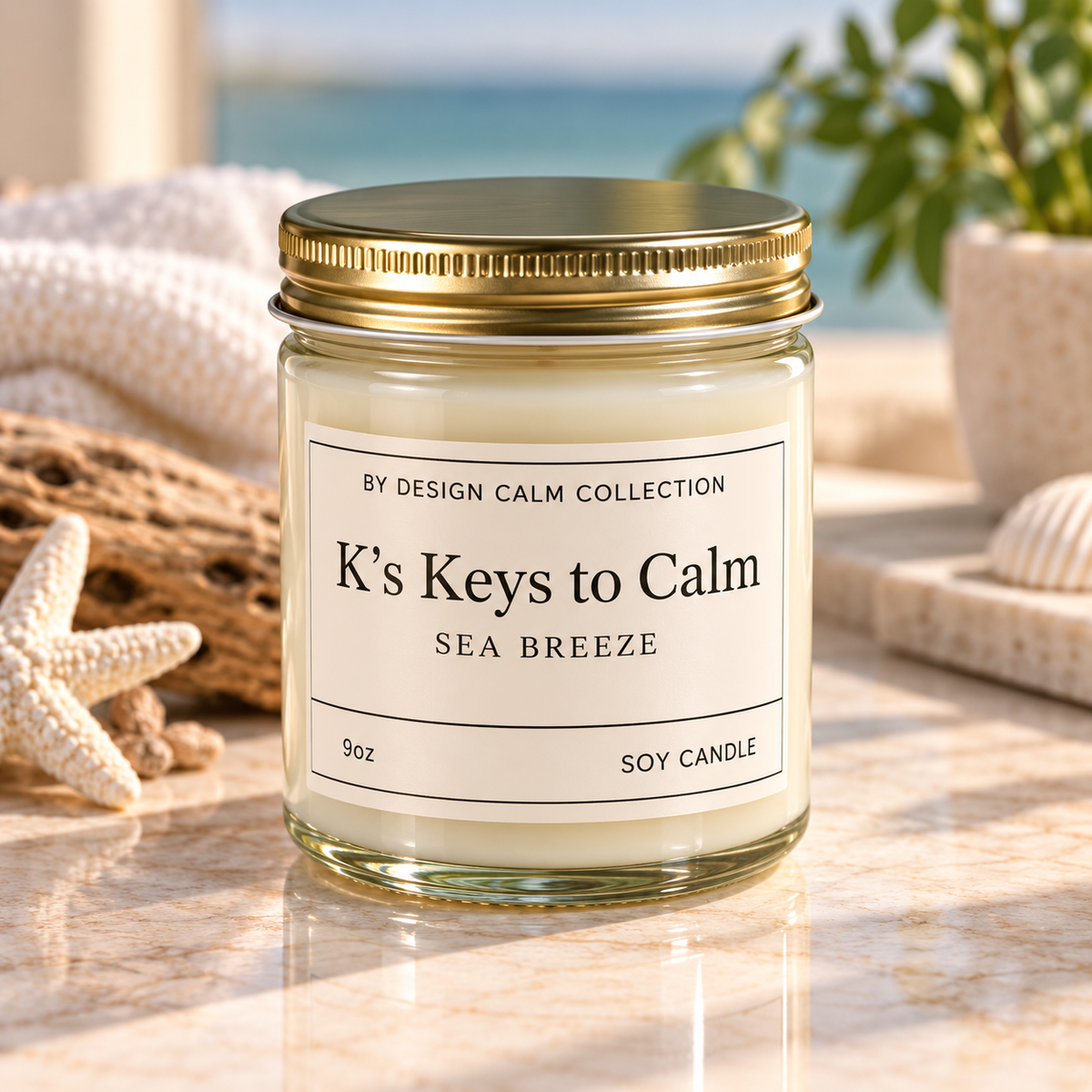 A 9oz soy candle in a clear glass jar with a gold metal lid, labeled 'K's Keys to Calm' by 'Design Calm Collection' in the scent 'Sea Breeze'. The candle is styled on a marble surface with a beach-themed background featuring a starfish, woven mat, and a blurred ocean scene.