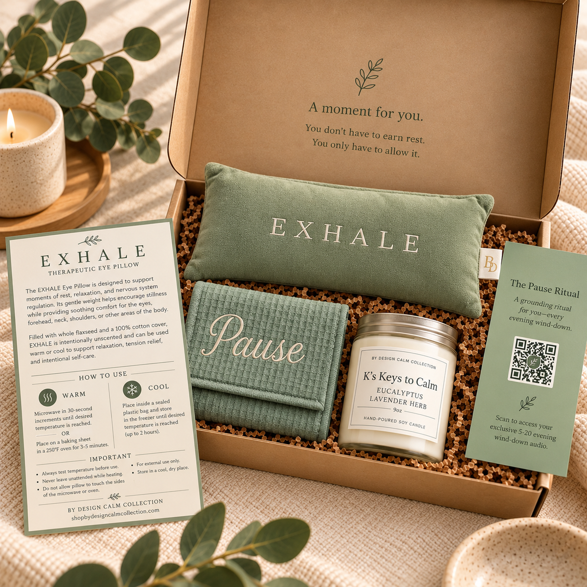 EXHALE Weighted Eye Pillow presented in a curated relaxation gift box with Pause Cloth, candle, product card, and Pause Ritual card.