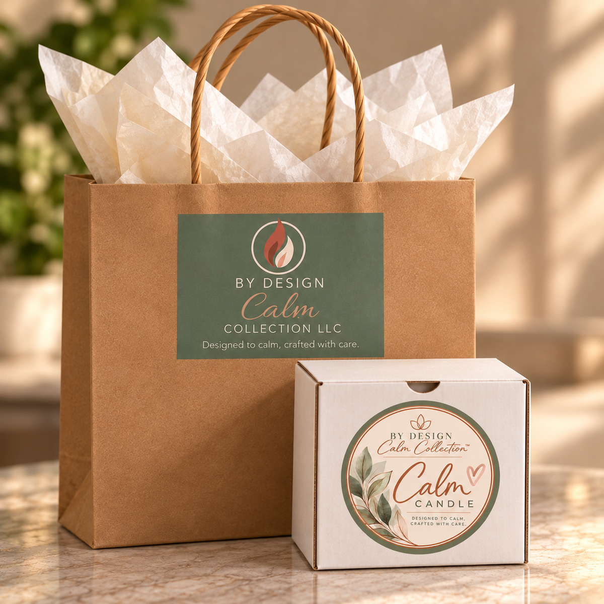 A kraft paper gift bag with twine handles and a small white candle box, both branded BY DESIGN Calm Collection LLC, displayed on a marble surface with tissue paper inside the bag.