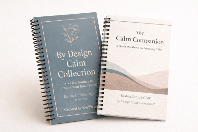 Two spiral-bound books titled 'By Design Calm Collection' and 'The Calm Companion' on a white background.