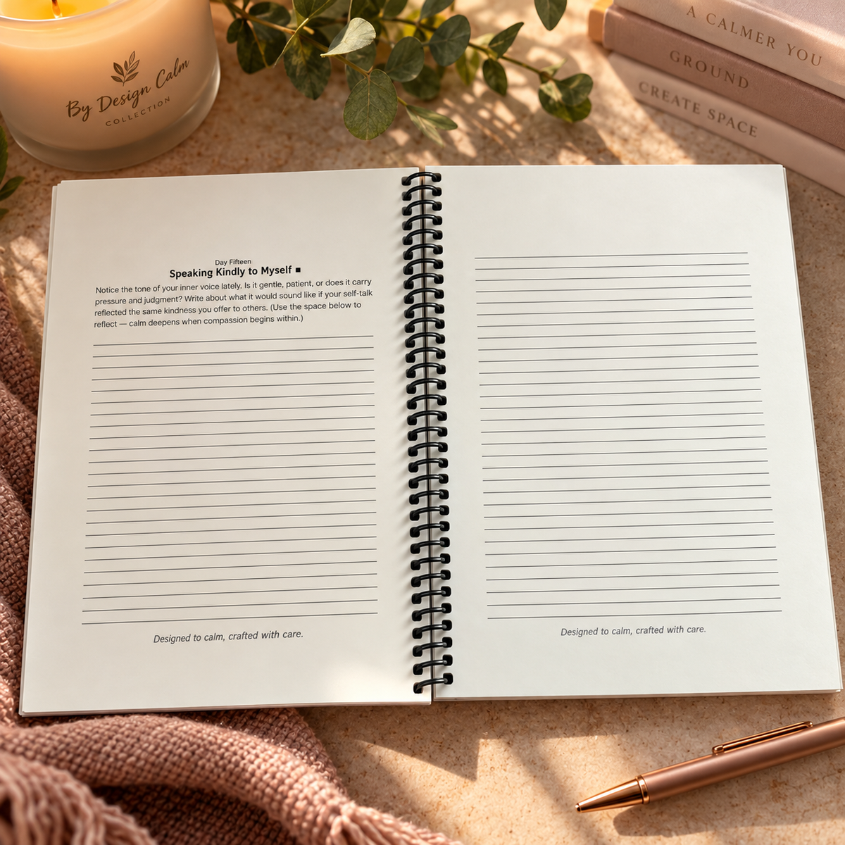 Open By Design Calm Collection Guided Wellness Journal featuring the “Speaking Kindly to Myself” reflection prompt and lined writing pages, styled with a candle and calming neutral accents.