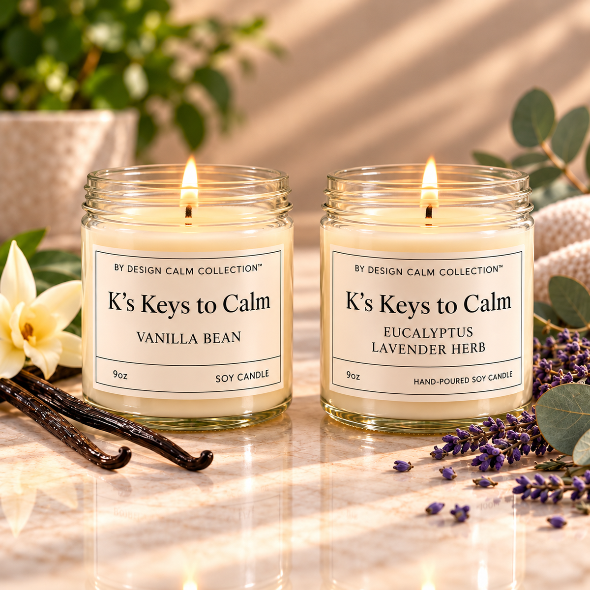 Two lit soy candles in glass jars on a marble surface, surrounded by vanilla beans, lavender sprigs, and greenery. The labels read 'K's Keys to Calm' with scents Vanilla Bean and Eucalyptus Lavender Herb.