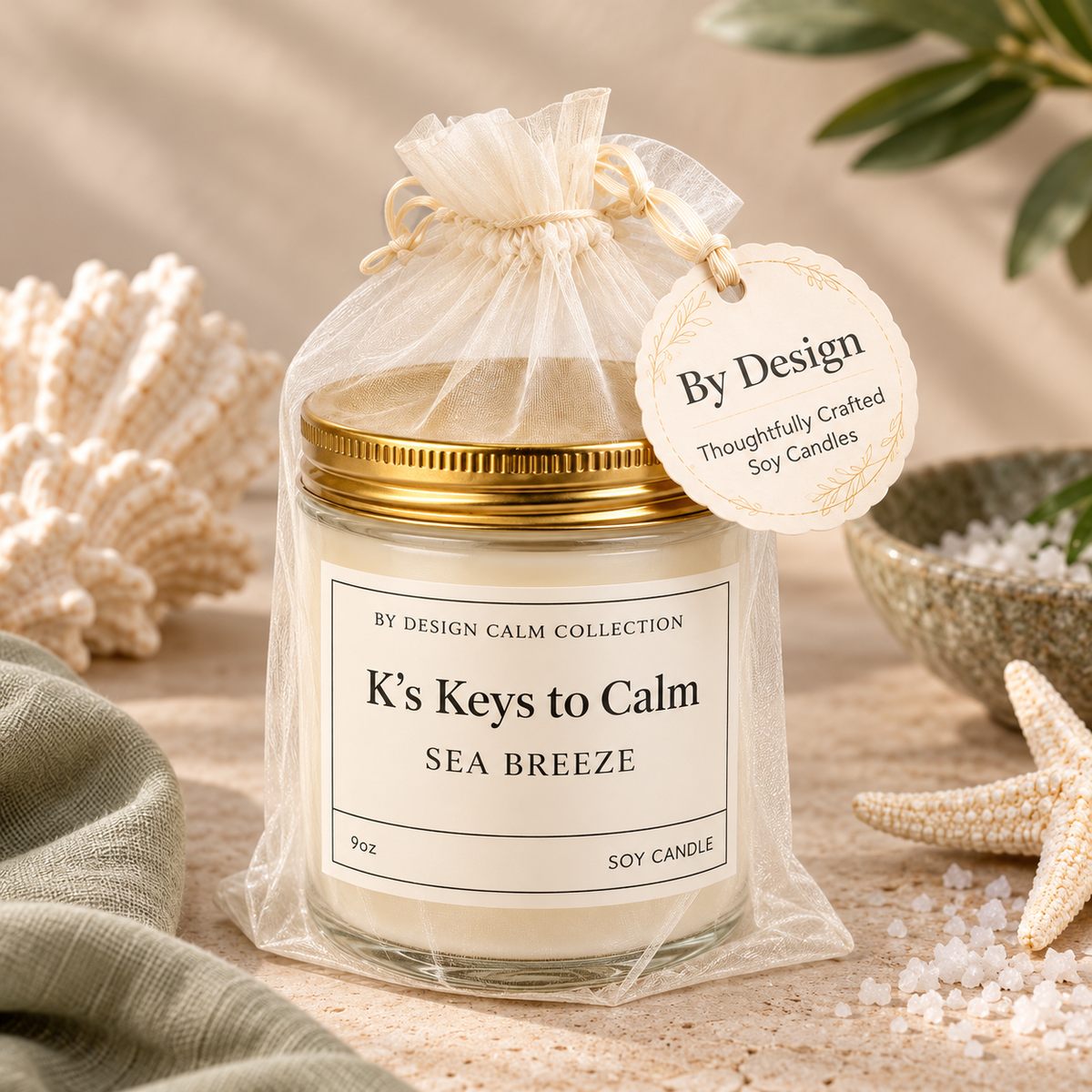 A glass jar candle with a gold lid and white wax, wrapped in a sheer beige drawstring bag and labeled 'K's Keys to Calm SEA BREEZE' by By Design Calm Collection. The candle is styled on a sandy surface with seashells, a green cloth, and a bowl of white sea salt.
