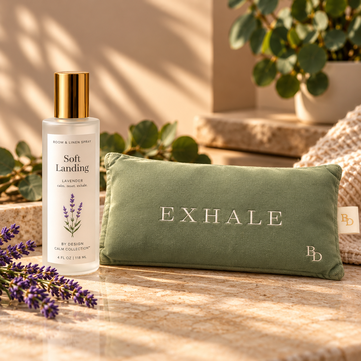 Soft Landing Lavender Room & Linen Spray paired with the sage EXHALE Weighted Eye Pillow in a warm relaxation setting.