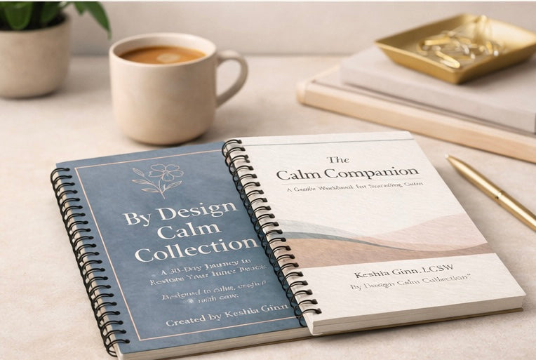 Notebook titled 'The Calm Companion' on a desk with a cup of coffee and pen.