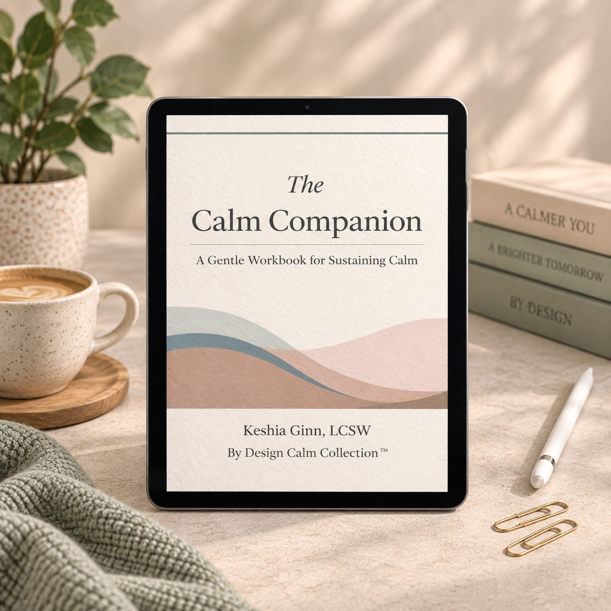 The Calm Companion digital workbook displayed on a tablet in a calming neutral setting with books and a warm drink.