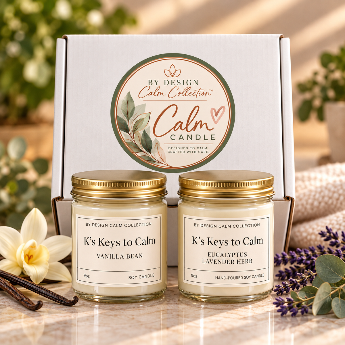 Two glass jar candles with gold lids labeled 'K's Keys to Calm' are displayed in front of a white gift box. The scene includes vanilla beans, a white flower, lavender, and greenery on a warm neutral surface, suggesting a styled product presentation.