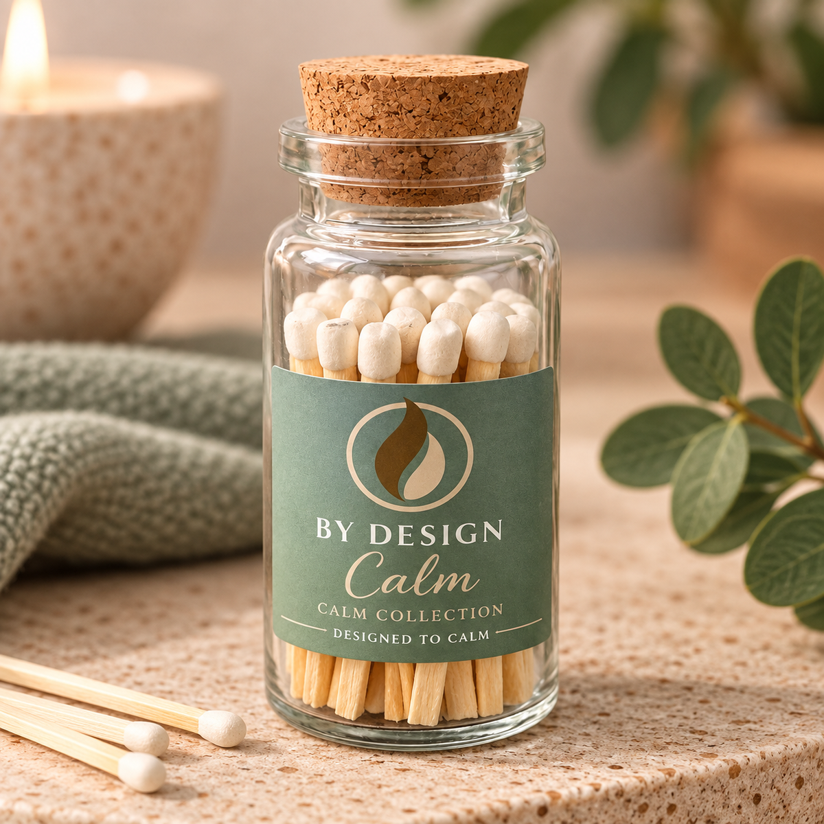 A glass jar of matchsticks with a cork stopper and a green label reading 'BY DESIGN Calm' and 'CAEM COLLECTION', set on a stone surface with a candle, knit fabric, and green leaves in the background.