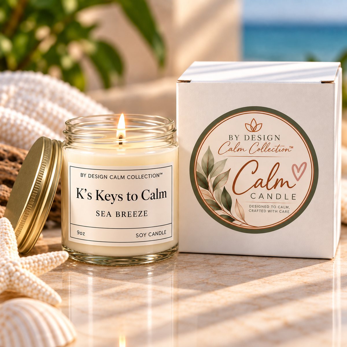 A lit glass jar candle labeled 'K's Keys to Calm SEA BREEZE' sits beside its white product box on a marble surface with beach-themed props and a blurred ocean background.
