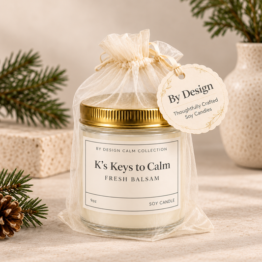 A glass jar candle wrapped in a sheer cream drawstring bag with a gold lid and a round paper tag reading 'By Design.' The front label says 'K's Keys to Calm Fresh Balsam' and 'SOY CANDLE.