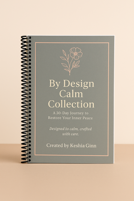 Notebook titled 'By Design Calm Collection' on a beige background