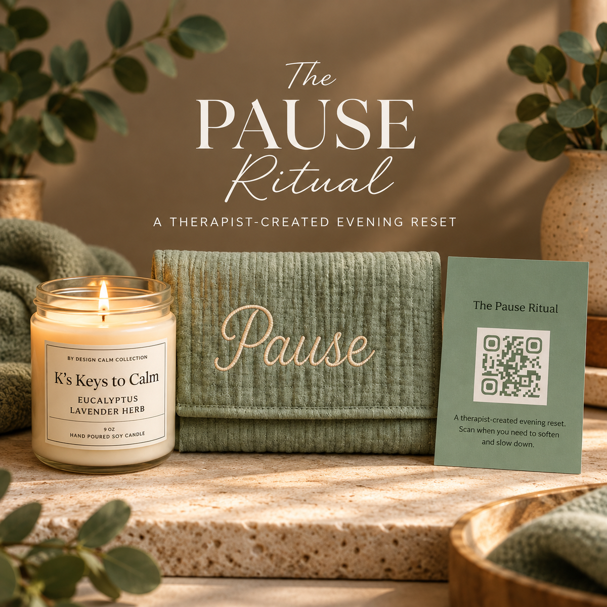 By Design Calm Collection The Pause Ritual with K’s Keys to Calm candle, Pause Cloth, and digital guided ritual