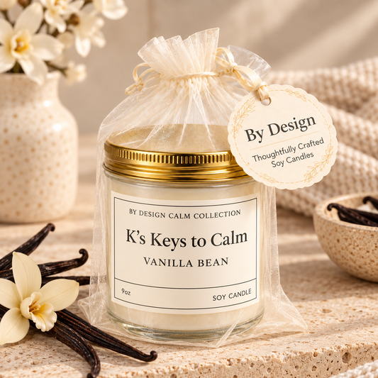A soy candle in a clear glass jar with a gold metal lid, wrapped in a sheer white drawstring bag with a round hanging tag. The label reads 'BY DESIGN CALM COLLECTION' and 'K's Keys to Calm VANILLA BEAN'.