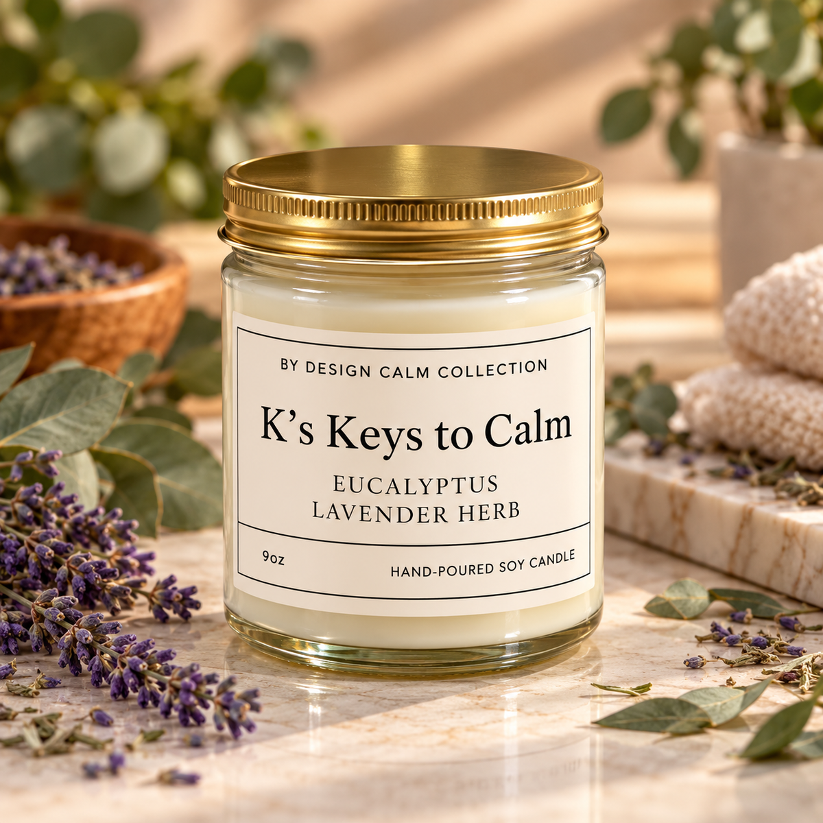 A glass jar candle with a gold metal lid and a cream-colored label reading 'K's Keys to Calm' and 'Eucalyptus Lavender Herb' by Design Calm Collection. The candle is styled on a marble surface with lavender sprigs, eucalyptus leaves, and a folded towel in a warm, natural setting.