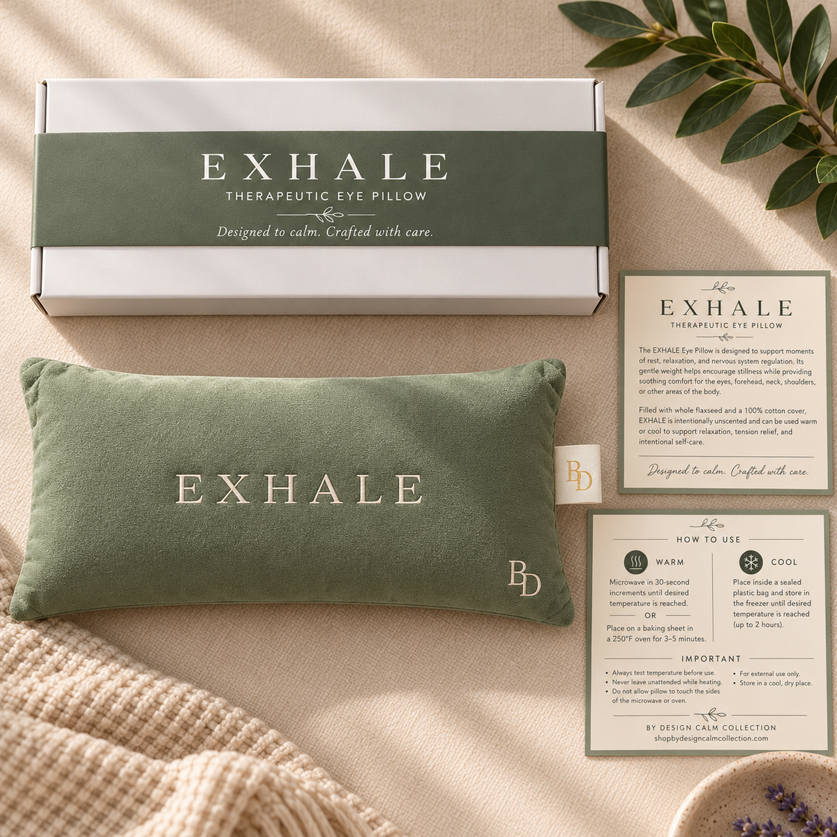 EXHALE Weighted Eye Pillow with branded packaging and warm/cool instruction card in a neutral wellness setting.