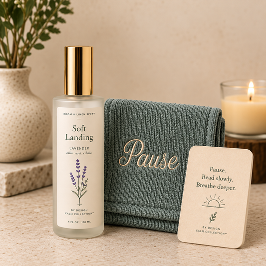 By Design Calm Collection Carry Calm Set with Lavender Room & Linen Spray, Pause Cloth, and travel card set