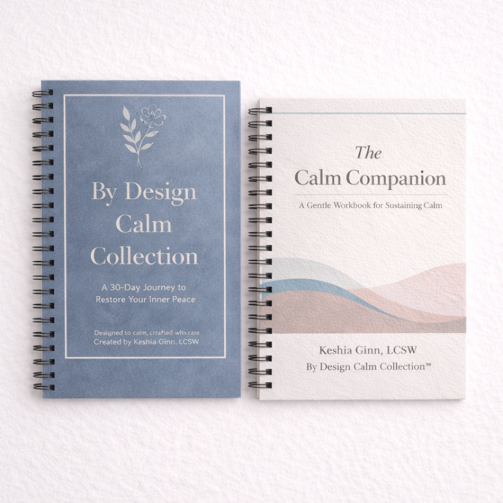 Two spiral-bound books titled 'By Design Calm Collection' and 'The Calm Companion' on a white background.