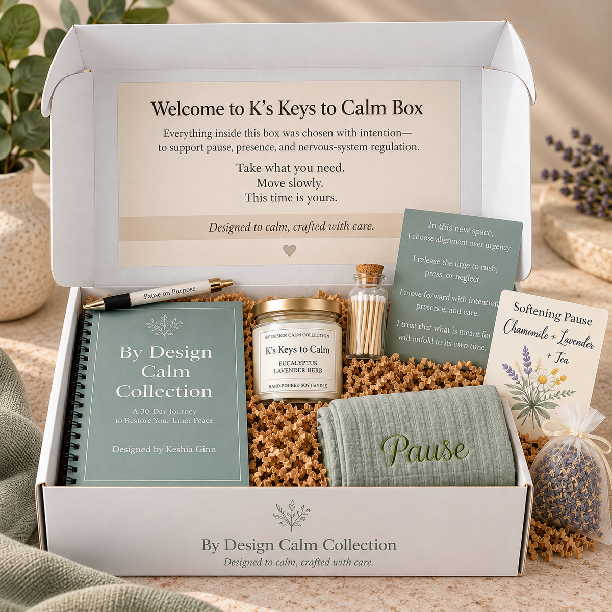 By Design Calm Collection Calm Box open with self-care and relaxation essentials