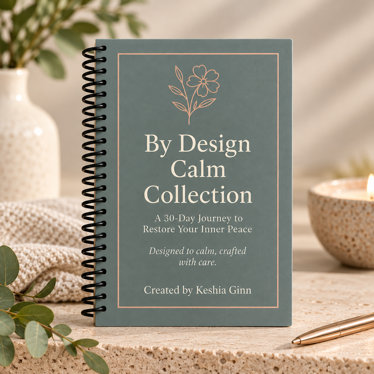 By Design Calm Collection spiral-bound 30-day guided journal with sage green cover, styled with neutral self-care accessories.