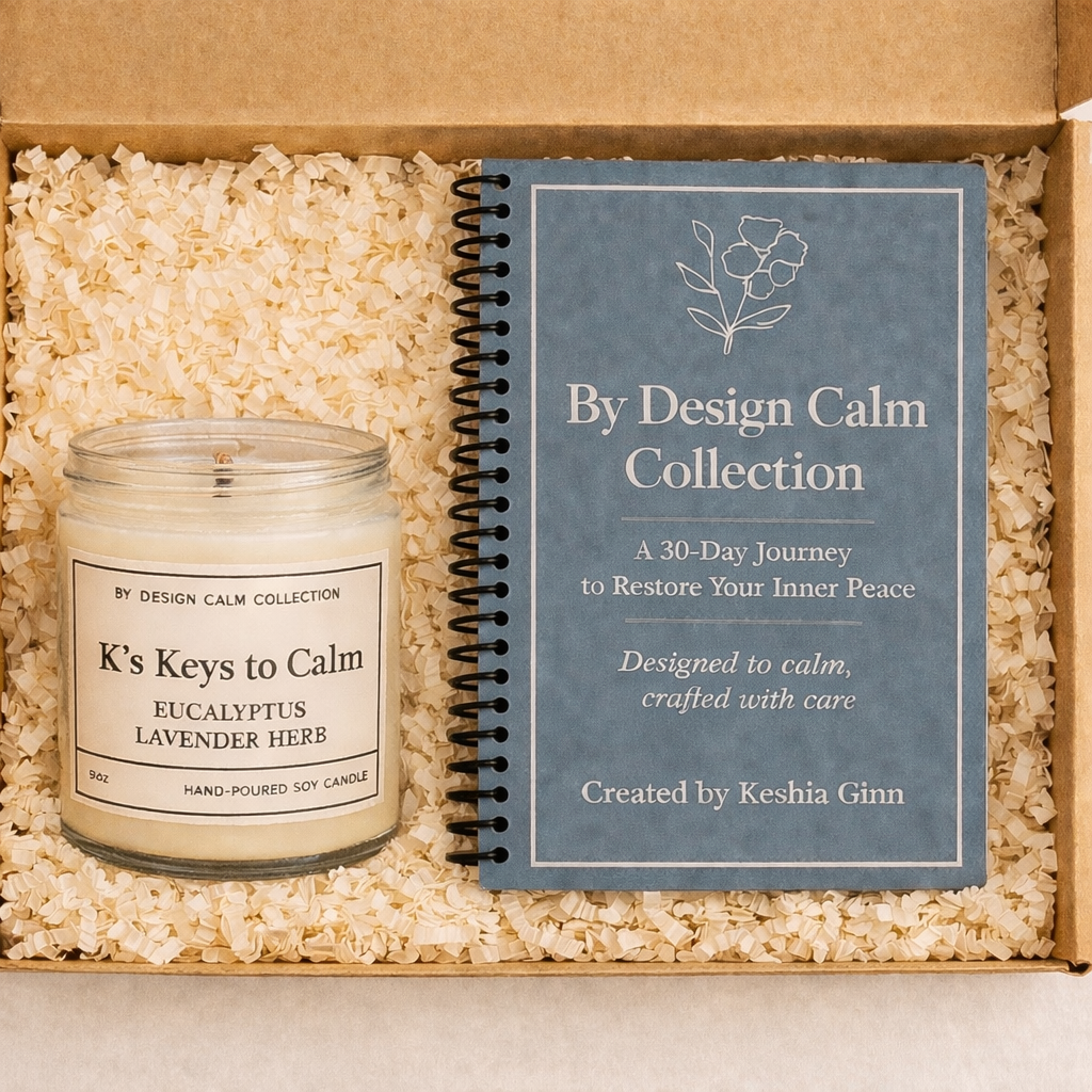 Candle and spiral-bound book titled 'By Design Calm Collection' in a box.