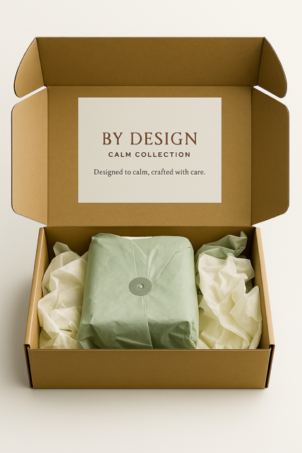 Open box containing a wrapped product with 'By Design' label on a light background