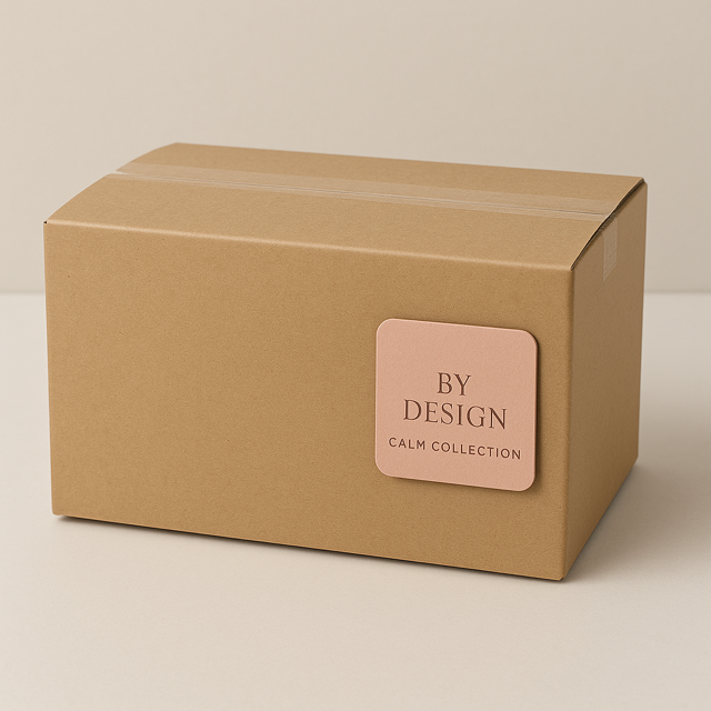 Brown cardboard box with a pink label on a beige background
