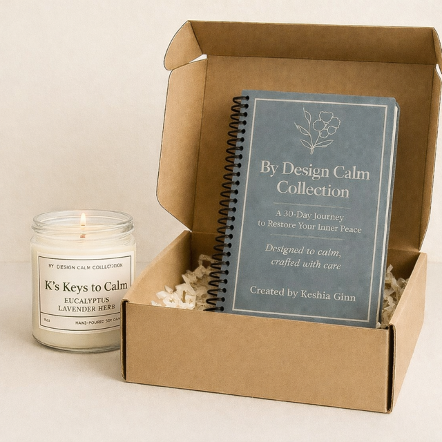 Open cardboard box containing a candle and a book titled 'By Design Calm Collection' on a beige background.