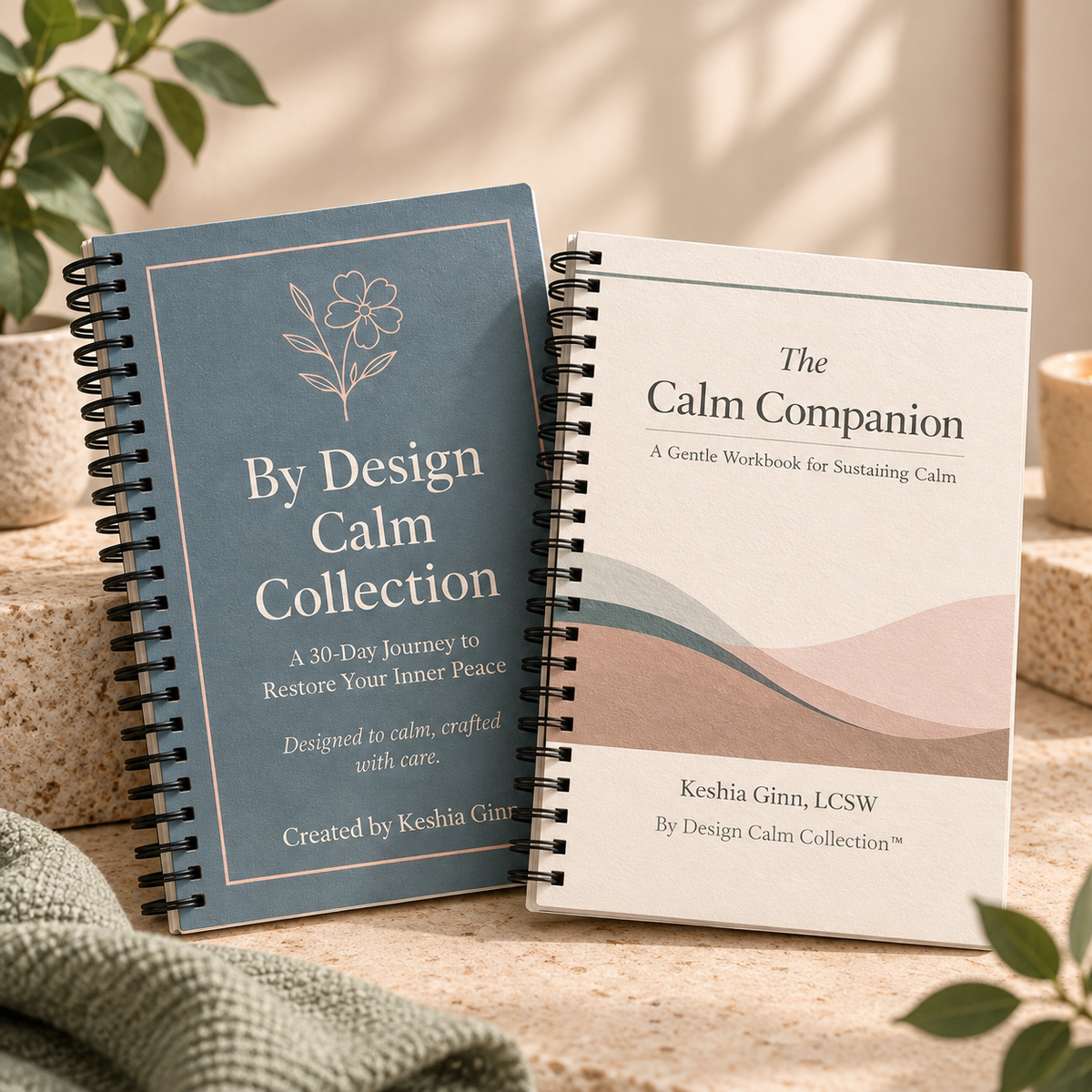 By Design Calm Collection spiral-bound 30-day guided Journal and The Calm Companion workbook displayed together in a neutral setting.