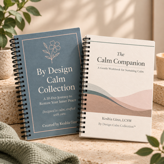 By Design Calm Collection spiral-bound 30-day guided Journal and The Calm Companion workbook displayed together in a neutral setting.