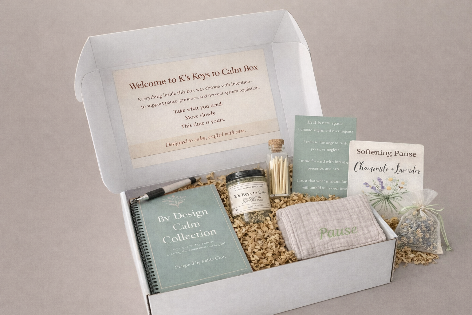 Calm collection gift box with various items on a neutral background
