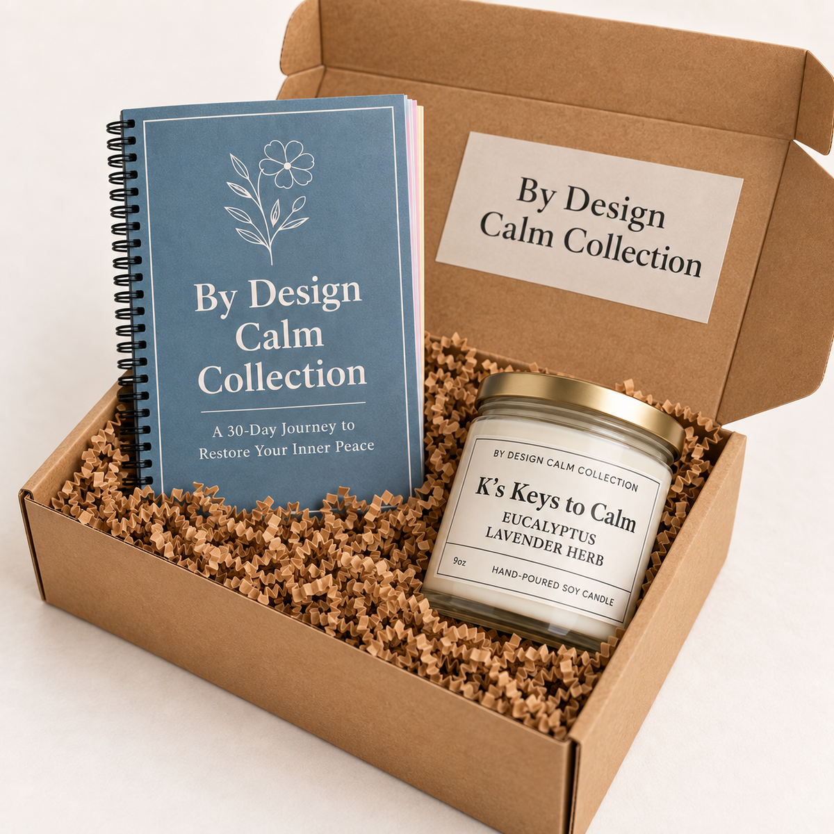 Open kraft gift box displaying a By Design Calm Collection 9 oz soy candle and spiral-bound Calm Journal nestled in crinkle paper.