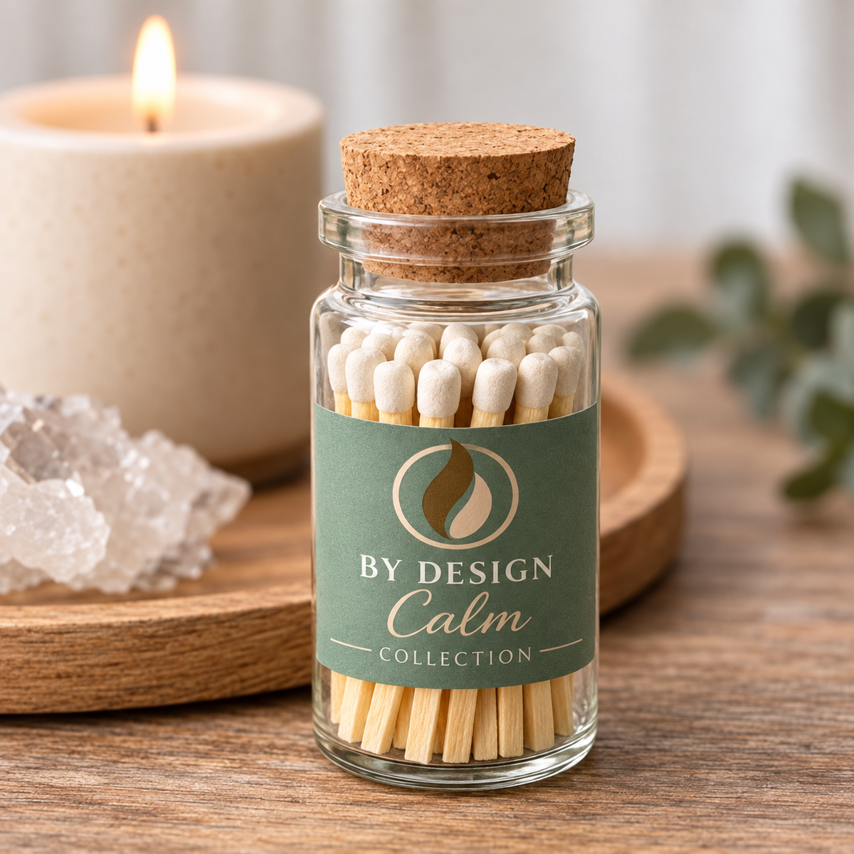 A small clear glass jar filled with wooden matches and sealed with a cork stopper, featuring a green label that reads "BY DESIGN Calm COLLECTION." The jar sits on a wooden surface with a blurred lit candle, crystal, and greenery in the background.