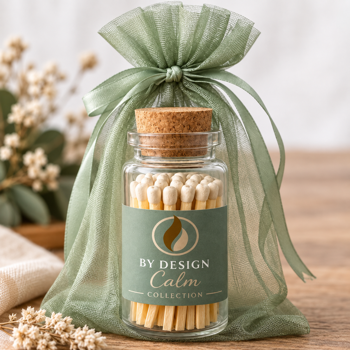 A clear glass jar filled with matchsticks and tied with a sheer sage green organza bag, set on a wooden surface with dried flowers in the background. The jar label reads 'BY DESIGN Calm COLLECTION'.