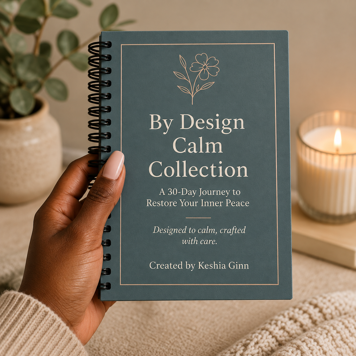 Hand holding the By Design Calm Collection 30-day guided journal, showing the sage green front cover.