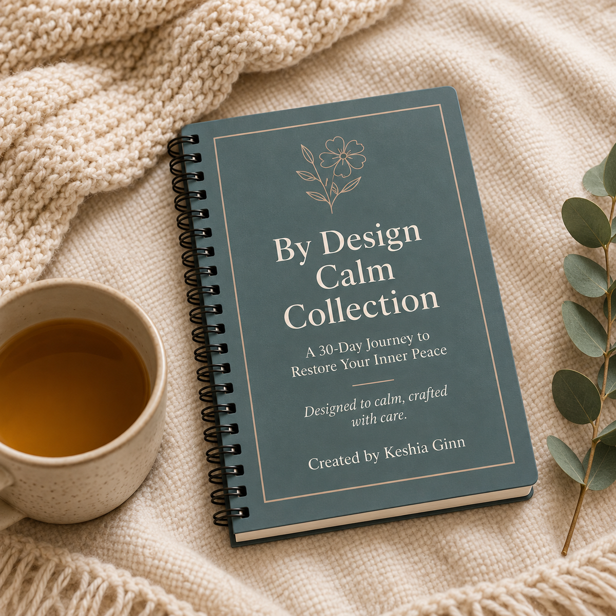 By Design Calm Collection guided journal displayed beside a warm drink in a calm, neutral setting.