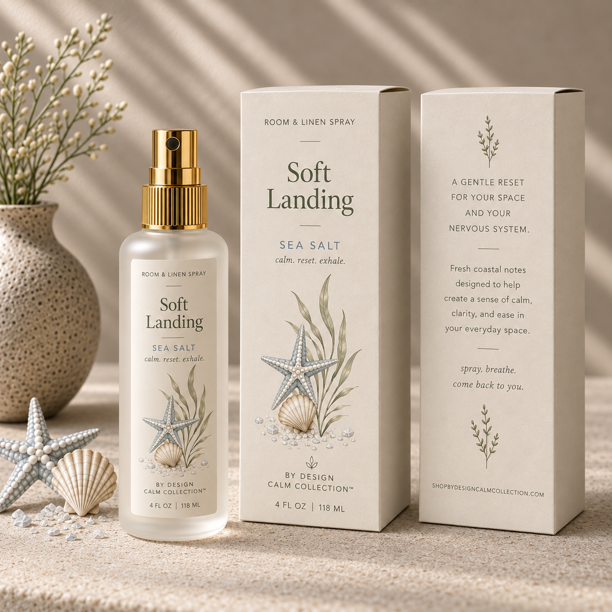 Sea Salt Room & Linen Spray displayed with By Design Calm Collection packaging