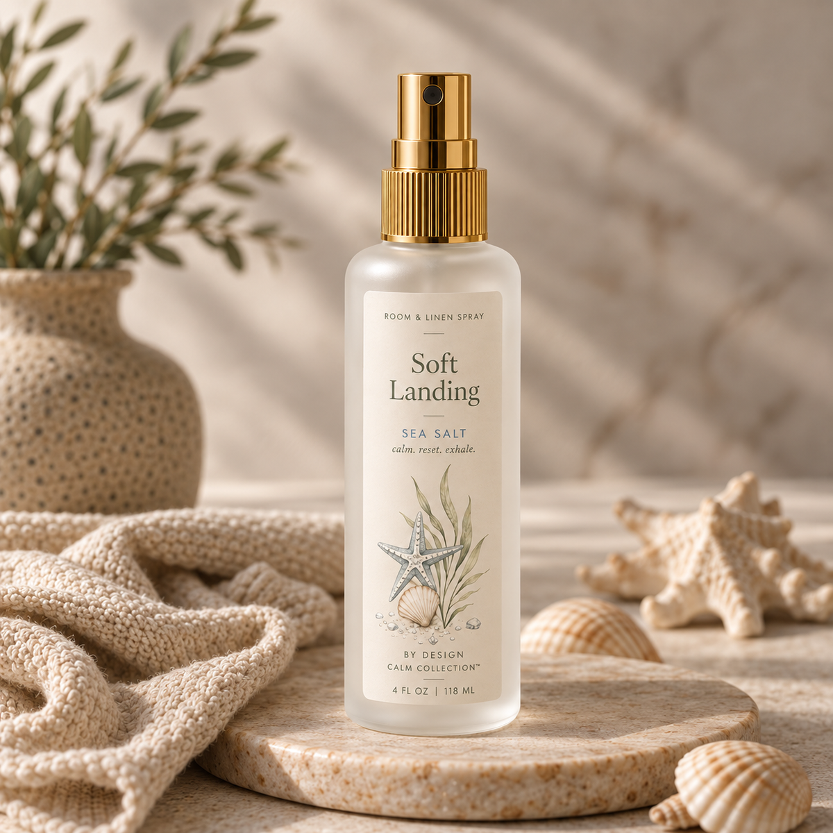By Design Calm Collection Sea Salt Room & Linen Spray styled with soft linens