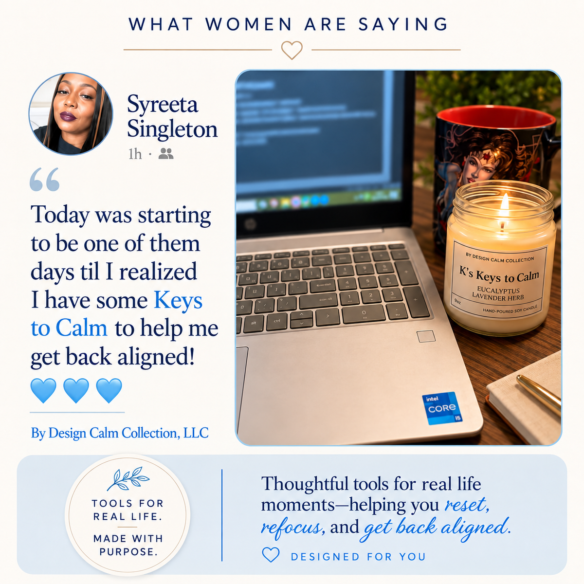 A promotional social media-style graphic for a candle. On the right, a lit jar candle labeled 'K's Keys to Calm' sits on a desk beside a laptop and notebook.