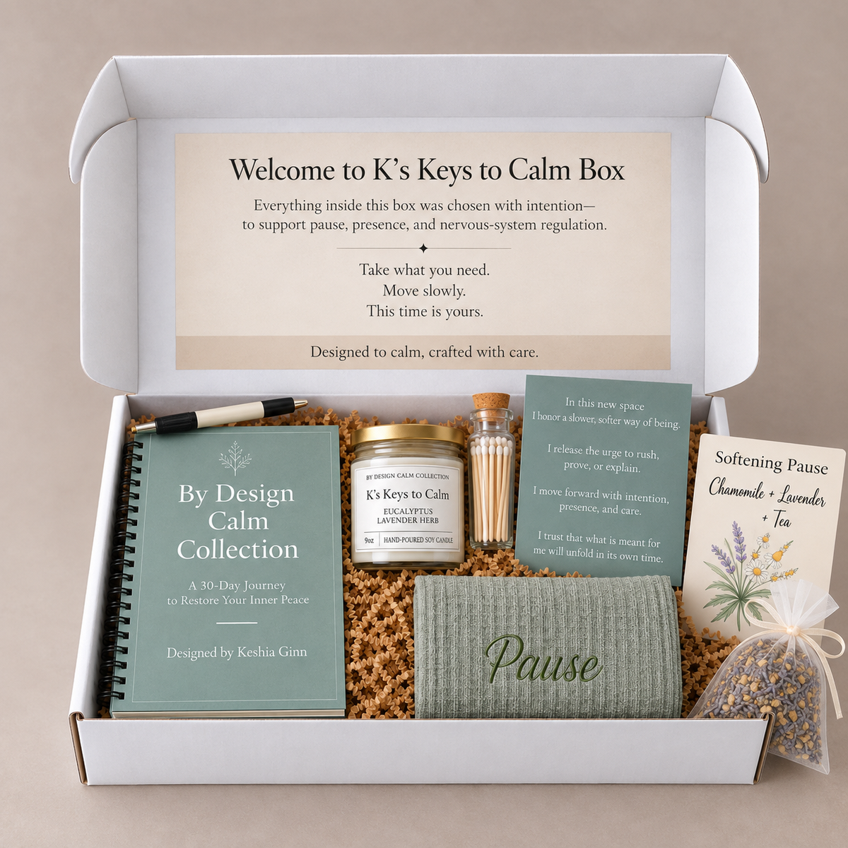 By Design Calm Collection Calm Box with Calm Journal, candle, and curated self-care essentials.