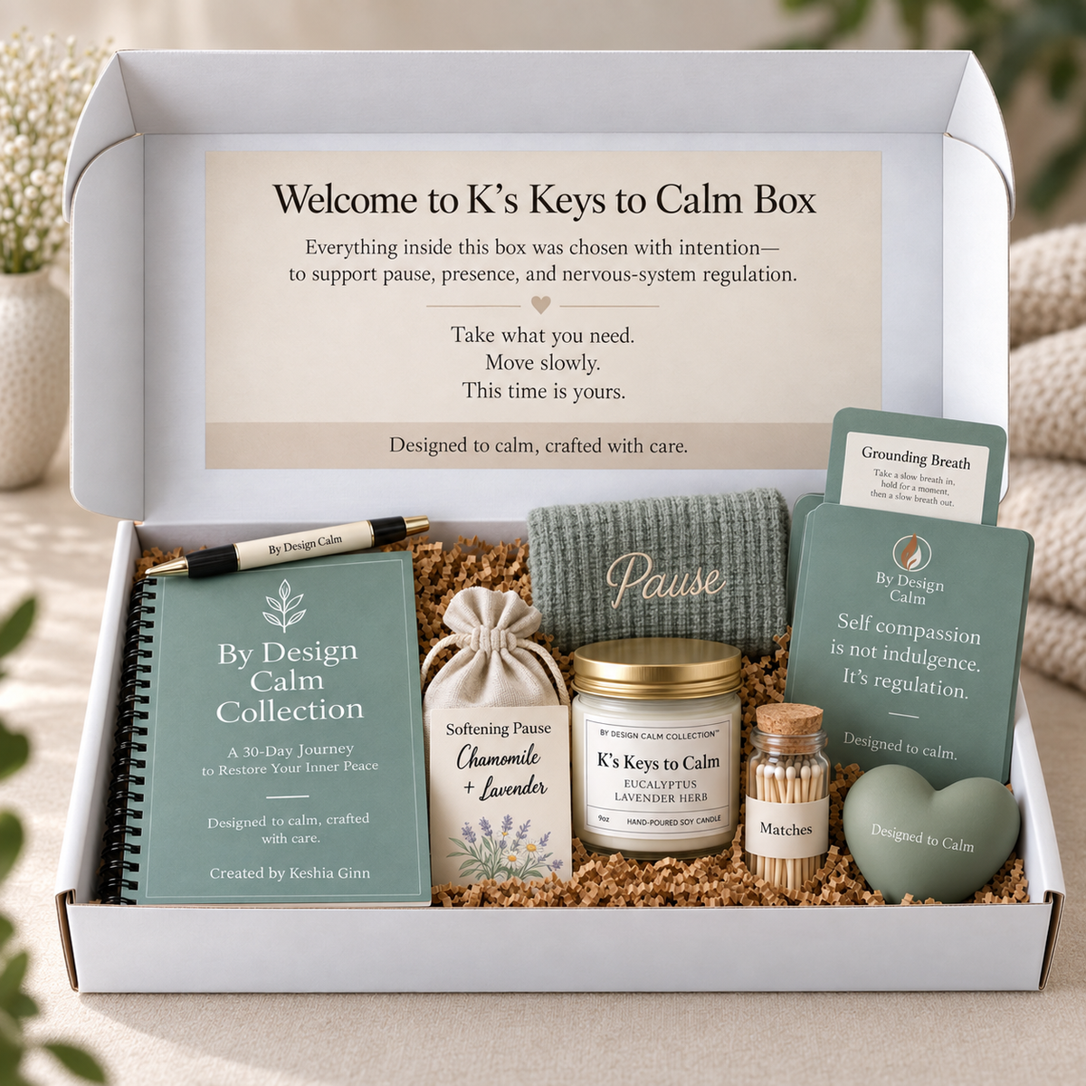 By Design Calm Collection Calm Box with Calm Trio and curated self-care essentials.