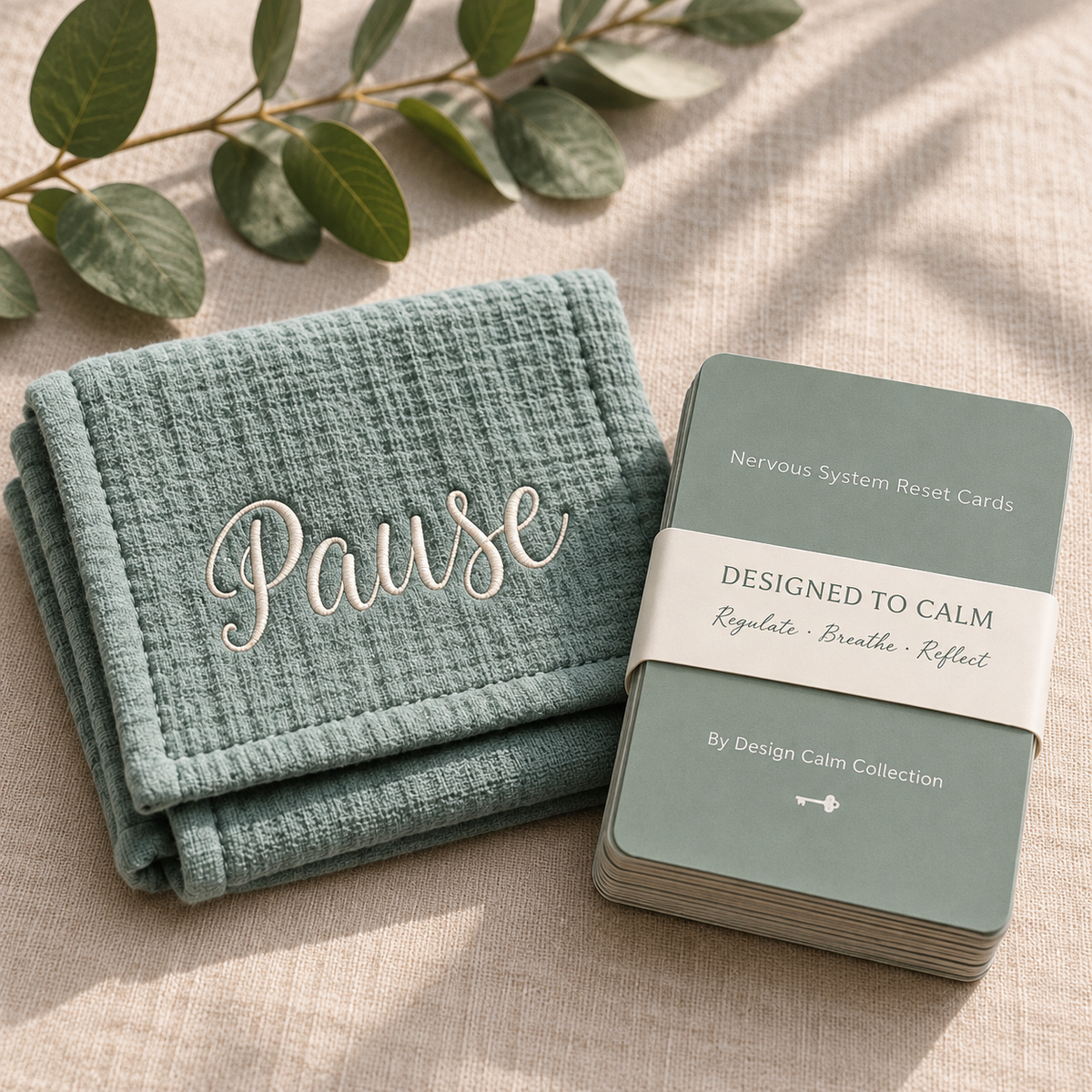 By Design Calm Collection Reset Cards with Pause Cloth for grounding and nervous system regulation.