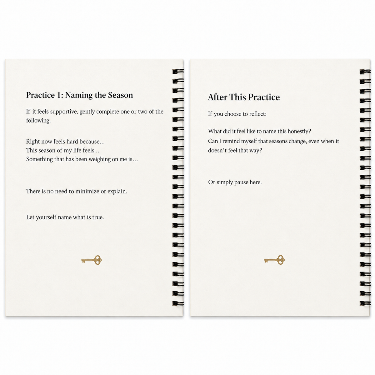 Inside pages of the Calm Companion Workbook featuring structured reflection prompts