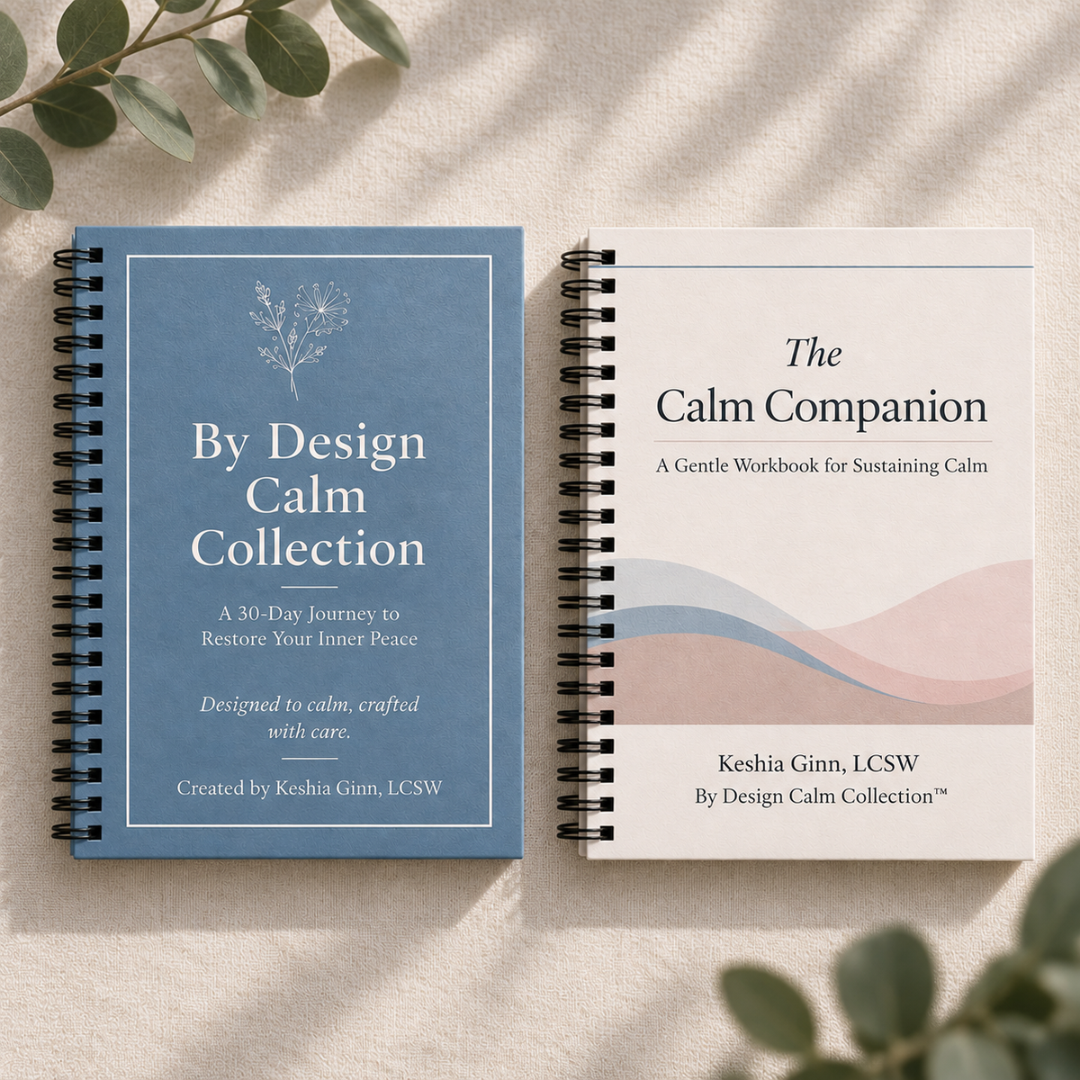By Design Calm Collection guided Journal and The Calm Companion workbook shown side by side as a reflection and grounding bundle.