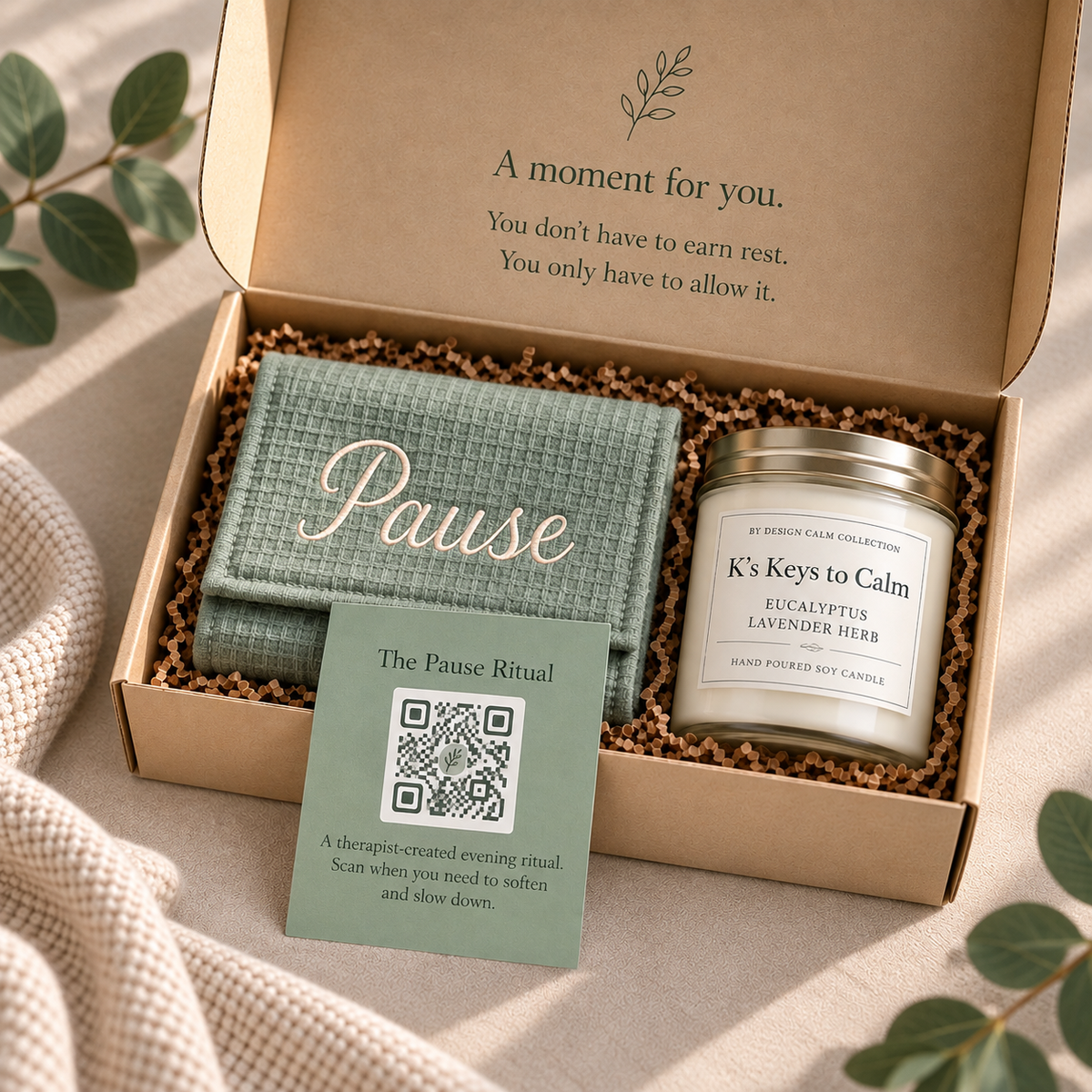 The Pause Ritual with candle, Pause Cloth, and QR code for guided audio
