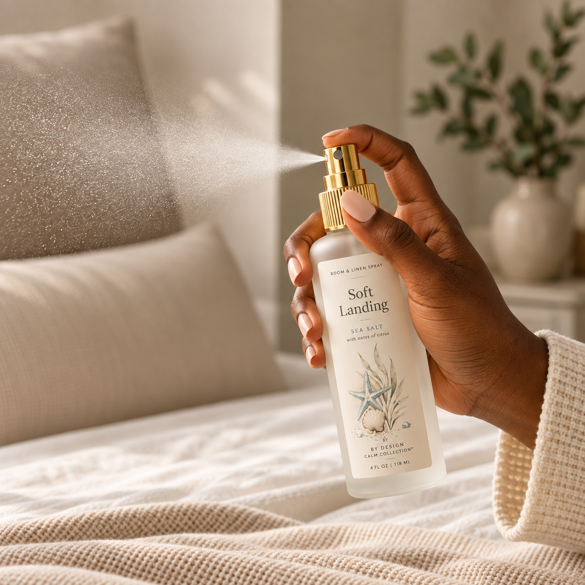 Sea Salt Room & Linen Spray being used to refresh a room and linens
